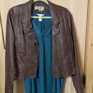 Brown Pleather jacket with teal tank